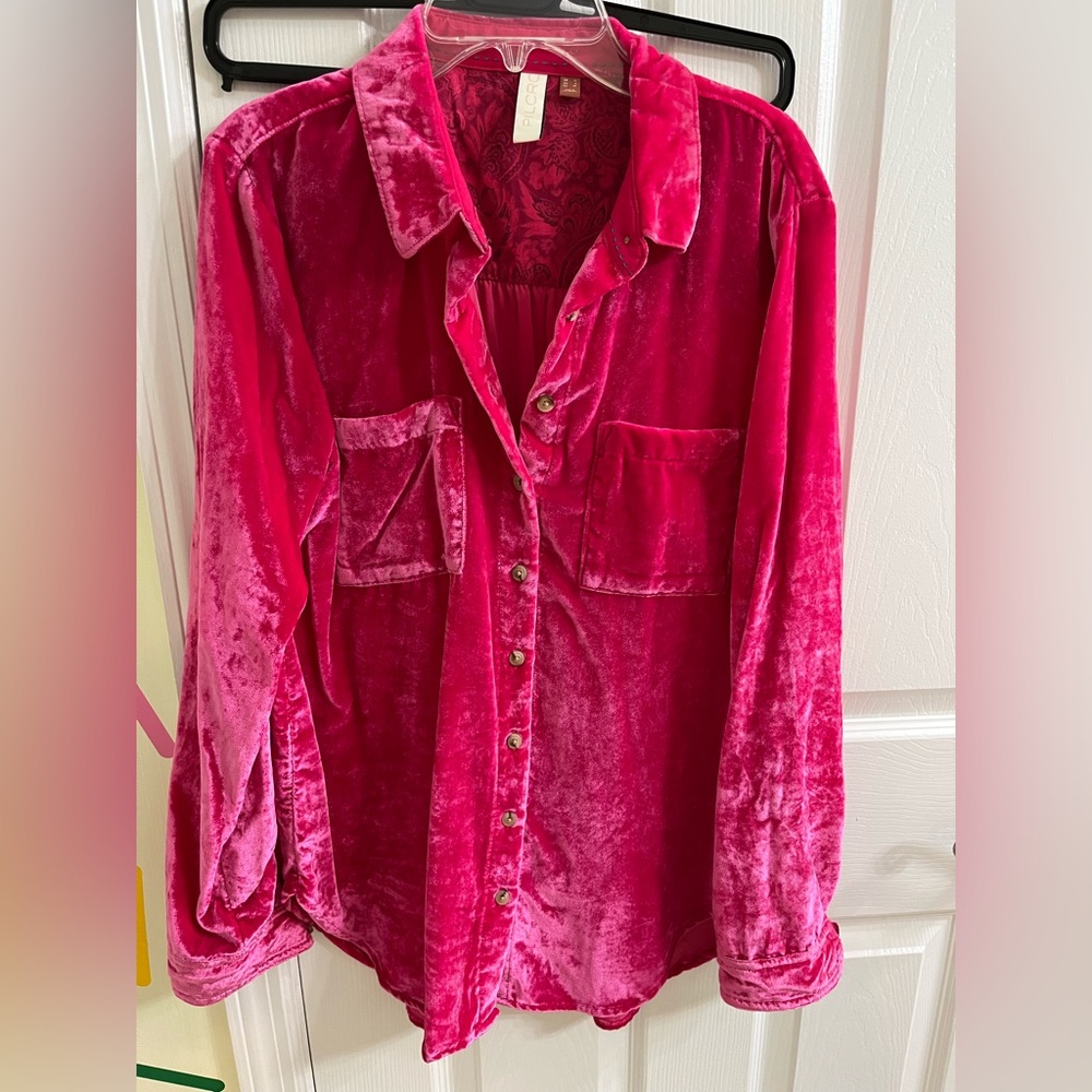 Pilcro from Anthropologie pink velvet button down long sleeve shirt